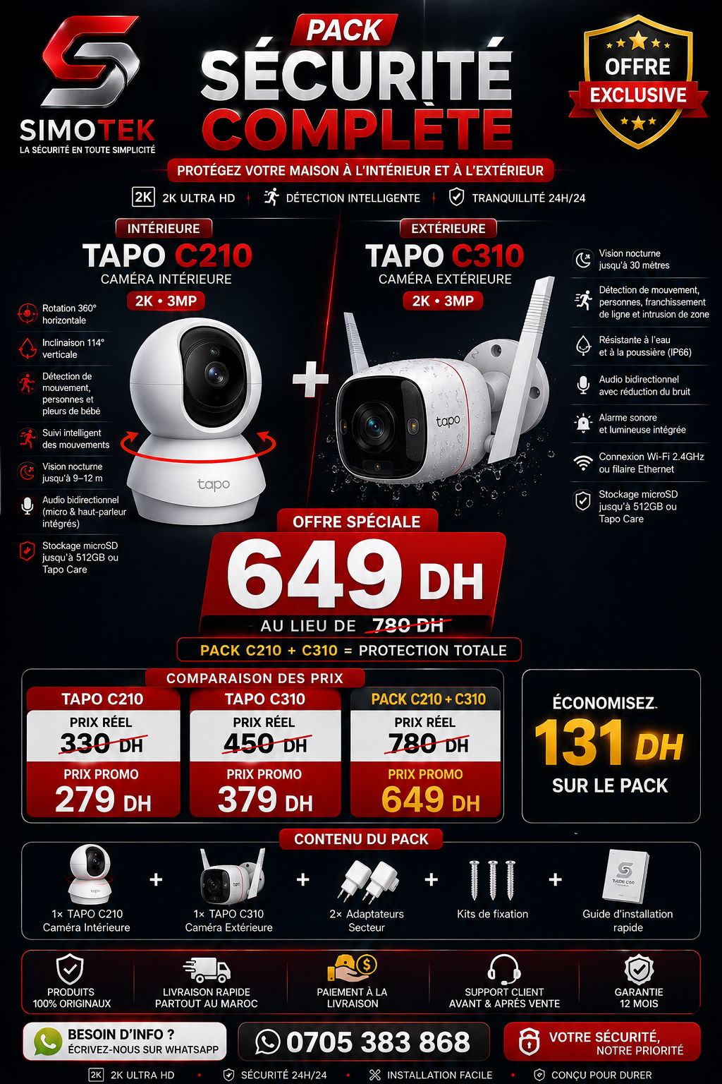 Pack Tapo C210 + C310 2K – Caméra intérieure et extérieure